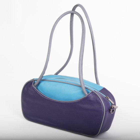 damestas handtas met twee korte schouderbanden handig design in paars turquoise grijs leer.jpg